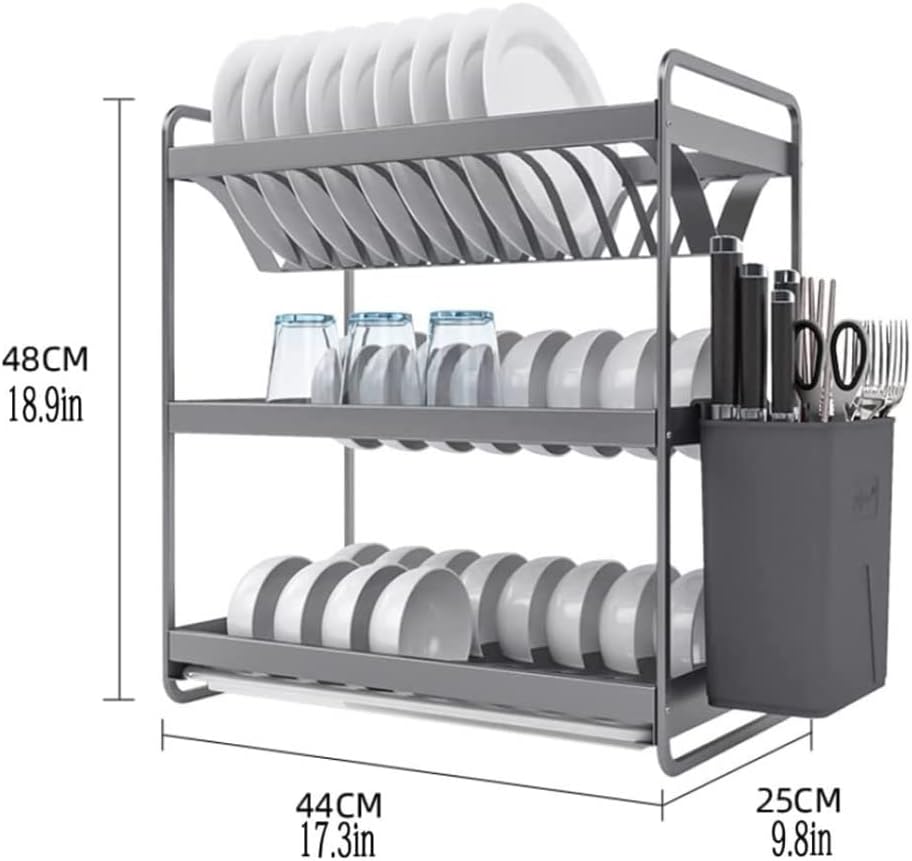 Dish Drying Rack 3 Tier Dish Rack Organizer with Utensil Knife Holder, Dish Drying Rack with Drain Board Drying Rack Kitchen