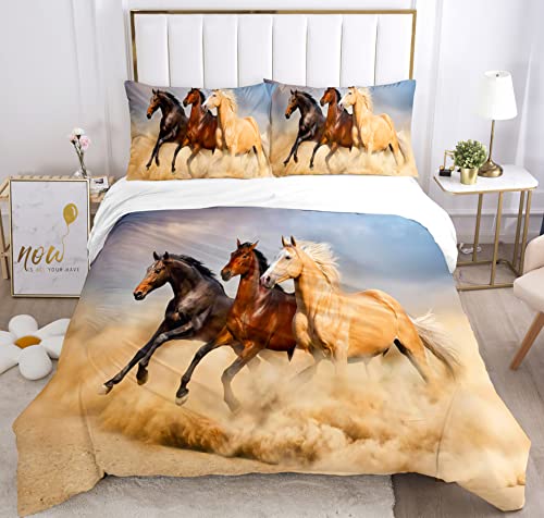 IUNTWEIE Housse de Couette Chevaux 135x200, 3D Chevaux Motif Parure de Lit en Microfibre, Housse de Couette avec Fermeture Éclair avec 2 Taie d'oreiller 50x75...
