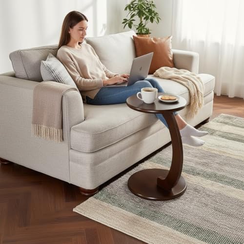 Image of Modern C-Shaped Side Table for Sofa & Bed | Brown Laptop Snack Table | Space-Saving Couch Side End Table for Living Room Bedroom | Portable Coffee Table for Home Office (C Brown)