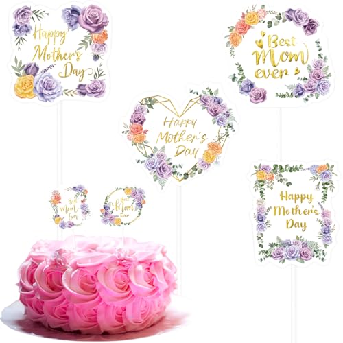 Happy Mother’s Day Cupcake Toppers 24PCS Gold Foiled Mothers Day Cake Toppers Decoration Purple Floral Best Mom Ever Birthday Party Supplies