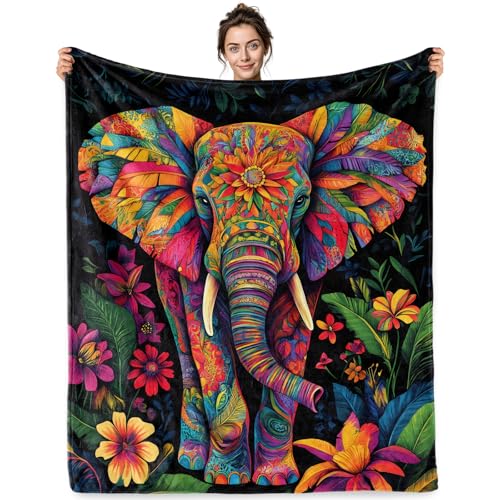 Jekeno Elephant Gifts Blanket Colorful Tropical Flowers Throw Blanket