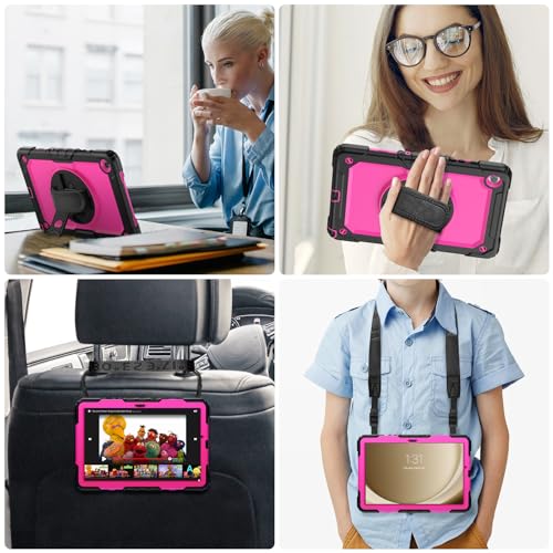 SIBEITU Galaxy Tab A9+ Case 11 Inch 2023 | Case for Samsung Galaxy Tab A9 Plus with Screen Protector| Rugged Full-Body Drop Protective Tab A9+ Cover w/Stand Hand Grip Shoulder Strap| Rose Red