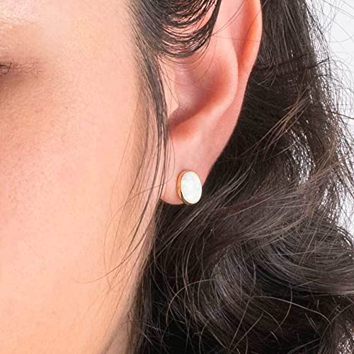 14K Gold White Opal Stud Earrings - 14K Solid Yellow Gold Studs, Dainty 8mm October Birthstone Medium Size Opal Jewelry, Simple Handmade Gift for Classy Women2