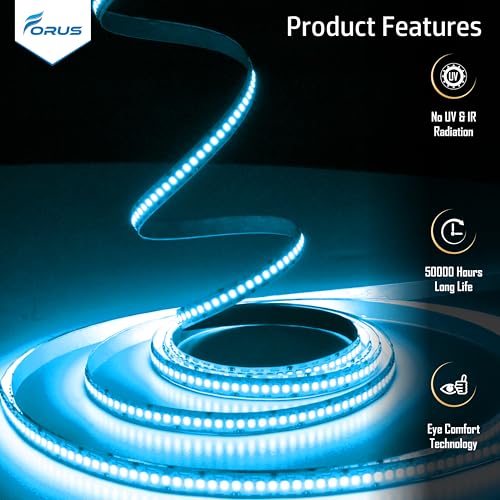 Image of Forus 5 Meter (5M) 10MM Ice Blue LED Strip Light, 240 LEDs /M Plug & Play Flexible Lighting for Home Decor, False Ceiling, Pooja Room, Living Room, Kitchen, Mirror, Stairs, 2-Year Warranty