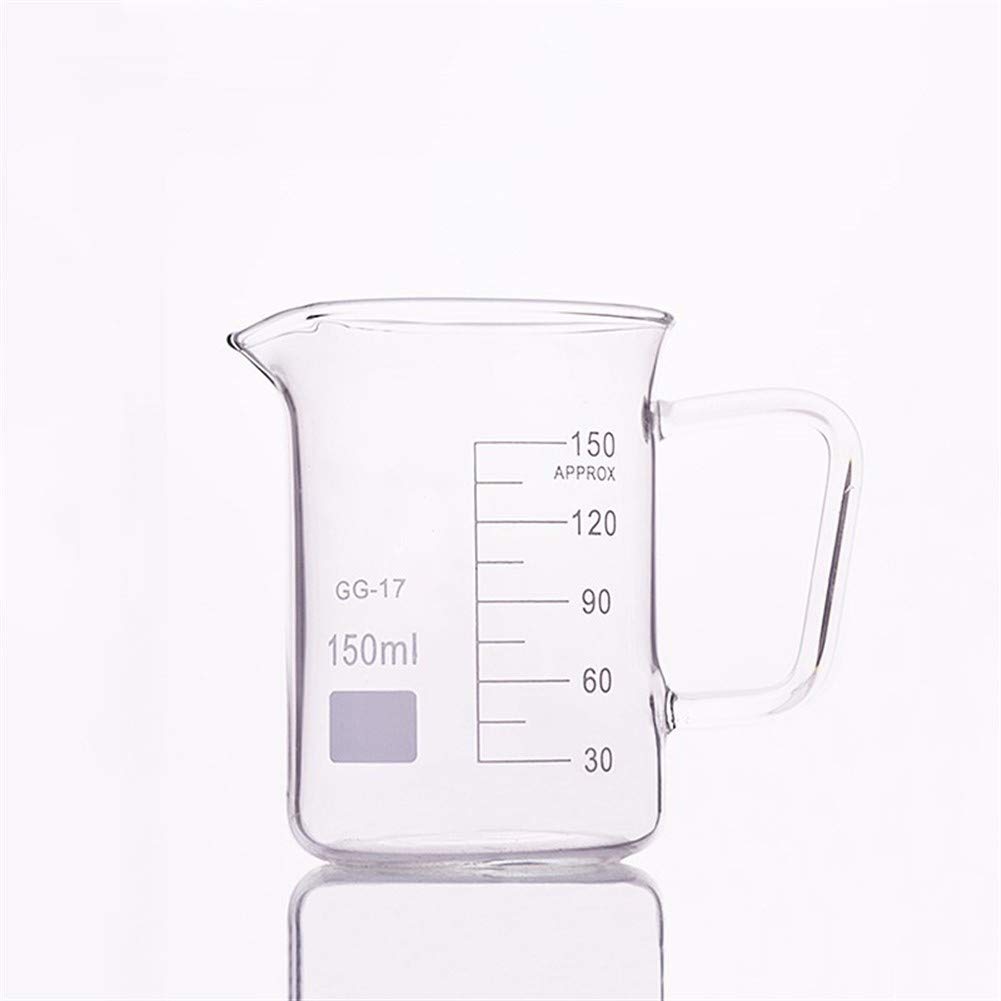 HMTE Vaso de precipitados de Vidrio en Formato bajo, Capacidad 150 ml, Diámetro Exterior = 59 mm, Altura = 85 mm, Vaso de precipitados de Laboratorio con asa (Capacidad: 150 ml) (150 ml)