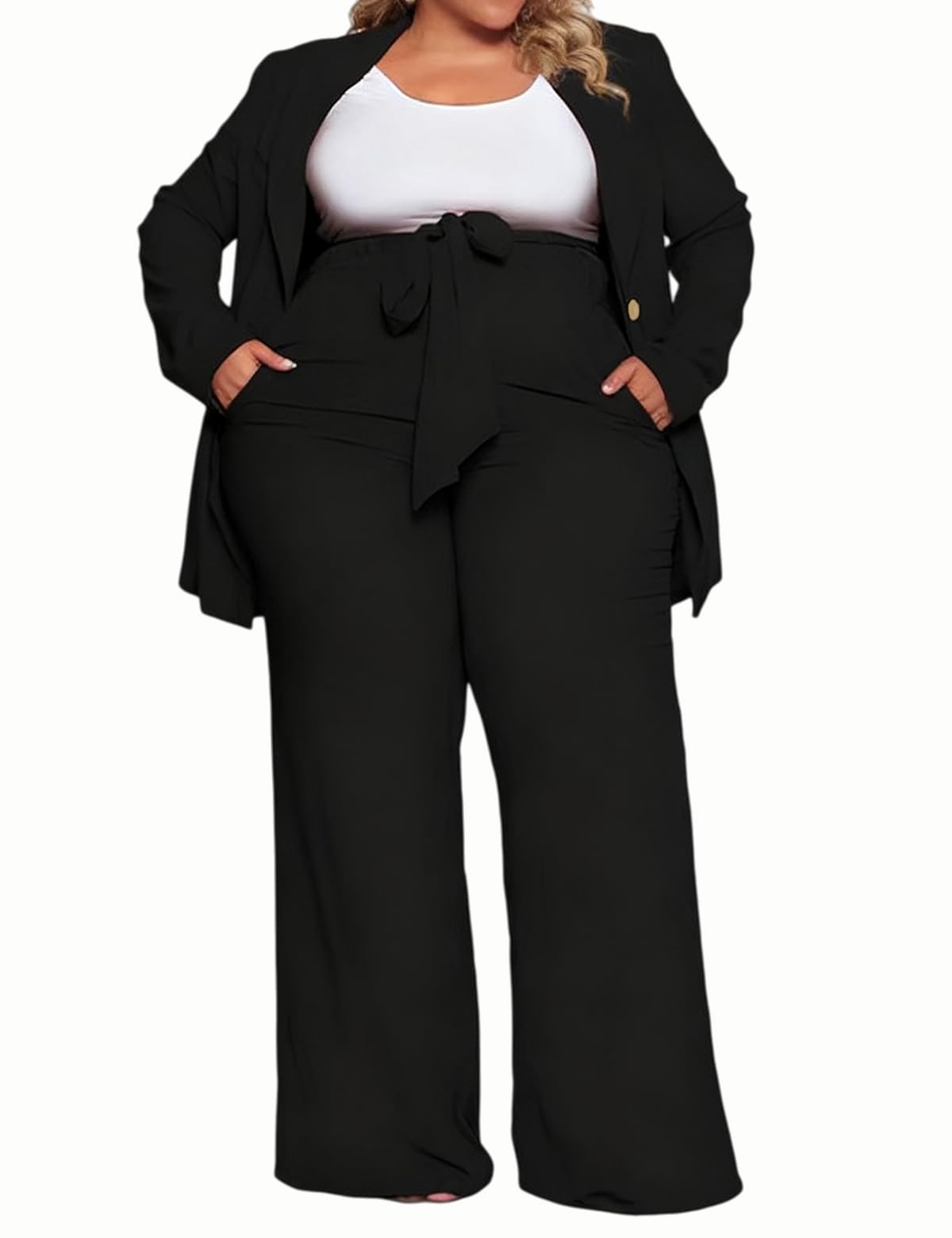 Black Pants Suit for Women Plus Size 2 Piece Outfits Long Sleeve Casual Blazers with Straight Leg Pants