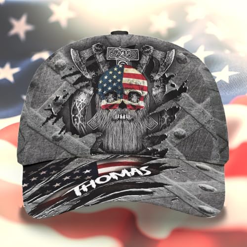Image of Viking American Flag Skull Cap for Men, Viking Skull Us Flag Skeleton Gothic Horror, Adjustable Caps for Men Women
