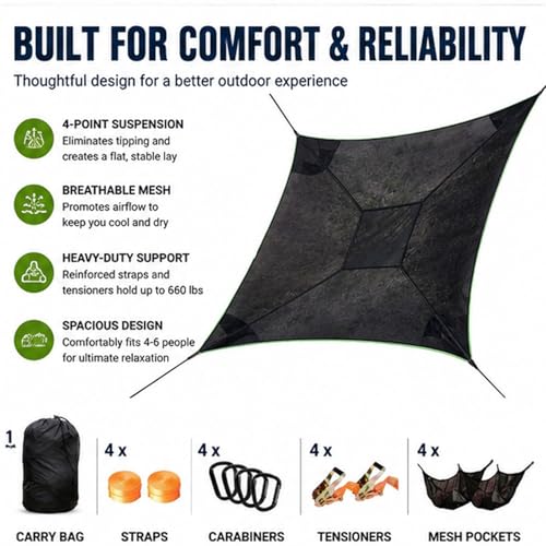 Hamac de camping 4 points portable multi-personnes de 3m avec sangles - 4