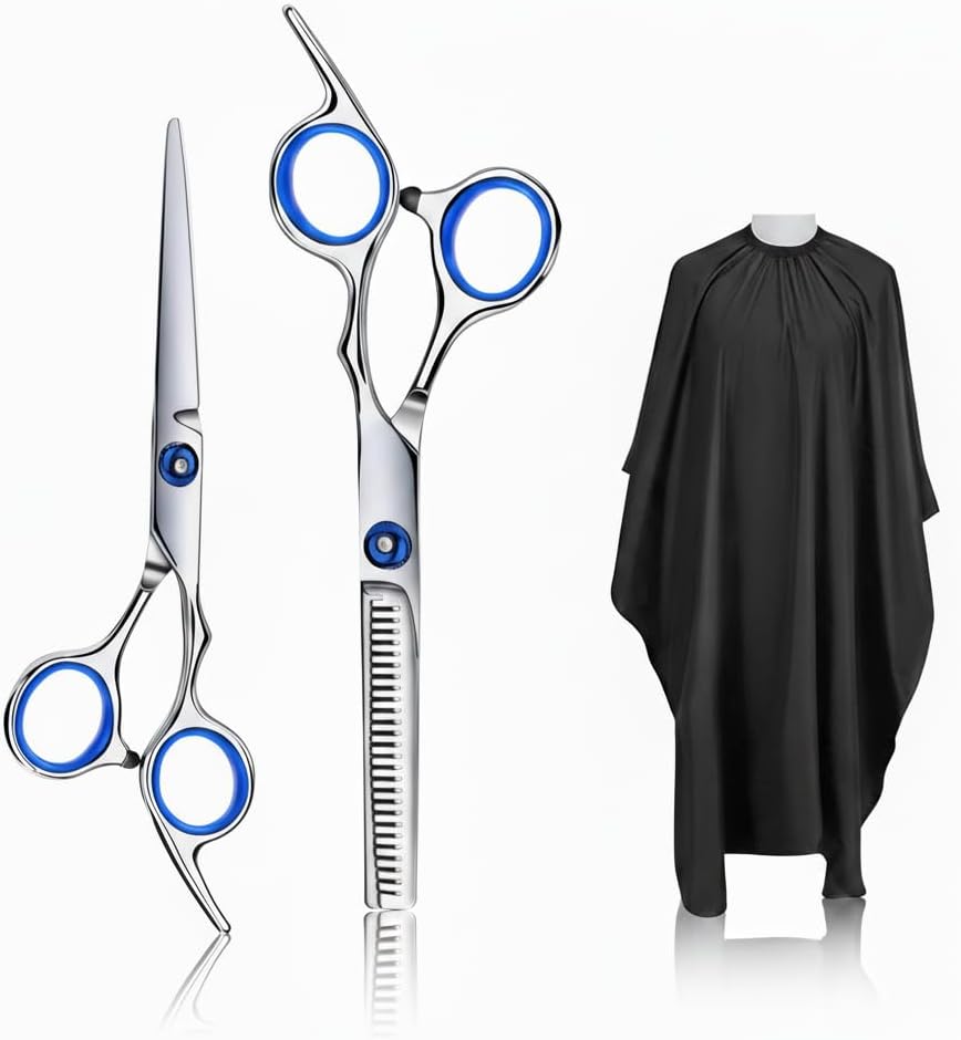 Professional Hair Cutting Scissors Set for Barbers & Stylists – Stainless Steel Barber Shears with Adjustable Screw & Ergonomic Handle, Includes Free Gift of Barber Cape for Salon & Home Haircuts.