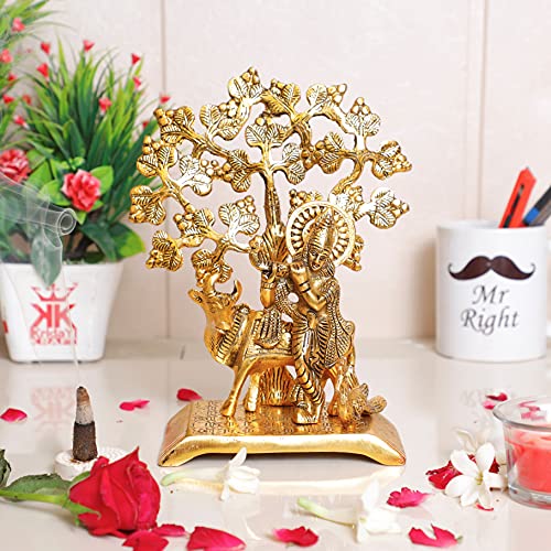 Image of KridayKraft Metal Krishna Idol Statue with kamdhenu Cow Standing Under Tree Showpiece Figurine for Pooja Room & Gift,Decorative Religious Statue for Home,Office & Table...