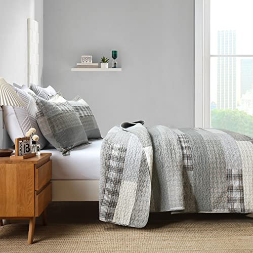 Finlonte King Size Quilt, Cotton King Quilt Bedding Set, Grey(Gray) Patchwork Plaid Bed Quilts King Size, Lightweight Reversible Soft King Size Bedspreads, 3 Pieces #TOP2