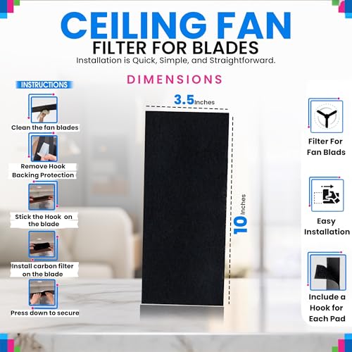 Image of Ceiling Fan Filters for Blades - Coconut Shell Activated Carbon Unscented Dust Catcher Ceiling Fan Filter - Easy Peel & Stick on Fans - Blade Air Purifier Pads Absorbs Odor & Freshens the Air (10-Pcs)