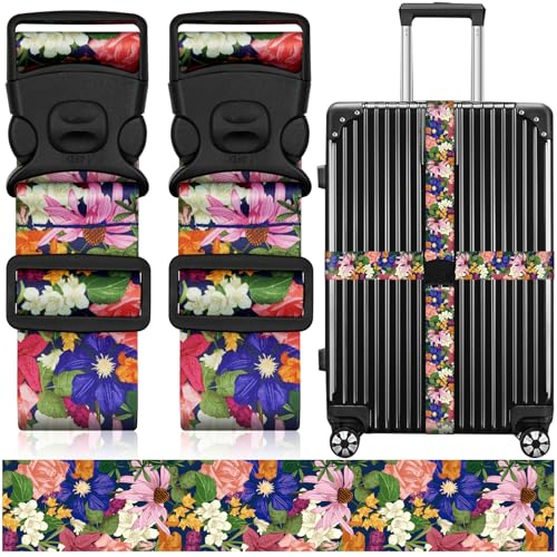 Image of 2 Pack Luggage Straps for Suitcases, Adjustable Travel Belt with Double Lock and Quick Release Buckle, Heavy Duty Nylon Bag Packing Strap, Bright Identifiers Business Travel Accessories-Flower Garden
