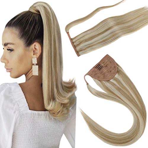 LaaVoo Ponytail Extension Real Human Hair Clip in Wrap Around Remy Ponytail Hair Piece Straight for Women (12 Inch, 18/613)