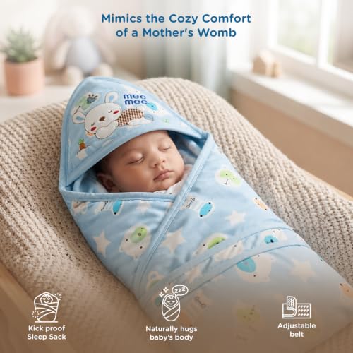 Image of Mee Mee 100% Soft Cotton Hooded Baby Wrapper Cum Warmer, Blanket with Hood for Newborn Baby 0 to 6 Months (Blue & Bunny Print)