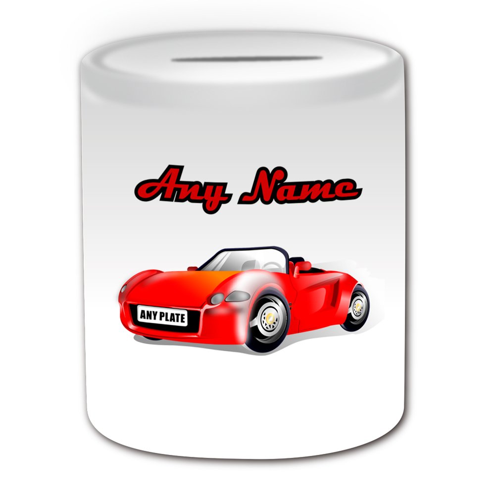 Unigift White Personalised Gift - Car Racing Money Box (Sport Design Theme, ) - Any Name/Message On Your Unique - Piggy Bank Saving Jar Pot - Top Gear Race