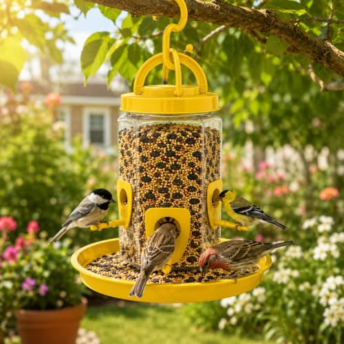 Image of Hanging Bird Feeder for Garden & Balcony, 1 Litre Weatherproof Bird Food Dispenser with 4 Feeding Ports, 360 Perch Feeding Station for Outdoor & Indoor Use (Yellow) Pack of 2