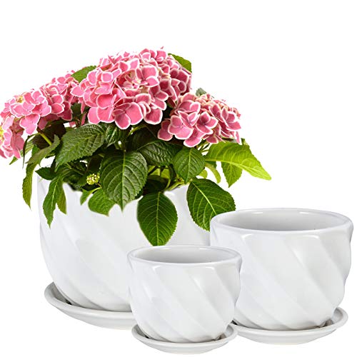 Flower Pot, OAMCEG Round Modern Plant Pot Small to Medium Sized (4.1in 5.5in 6.7in), Ceramic Plant Pots with Drainage Hole, Interior Pots for Plants, White Twill 3 Pack (Plants NOT Included)