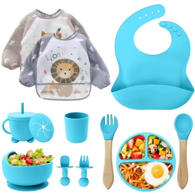 Set di stoviglie per bambini, in silicone, 12 pezzi, senza BPA, con ventosa, tazza per imparare a bere con cannuccia, bavaglino in silicone, ciotola, cucchiaio in legno, posate per bambini, lavabile