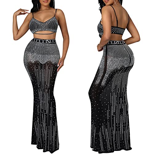 Image of PORRCEY Women's Sexy Rhinestone Spaghetti Strap Dress (5370,Black,3XL)