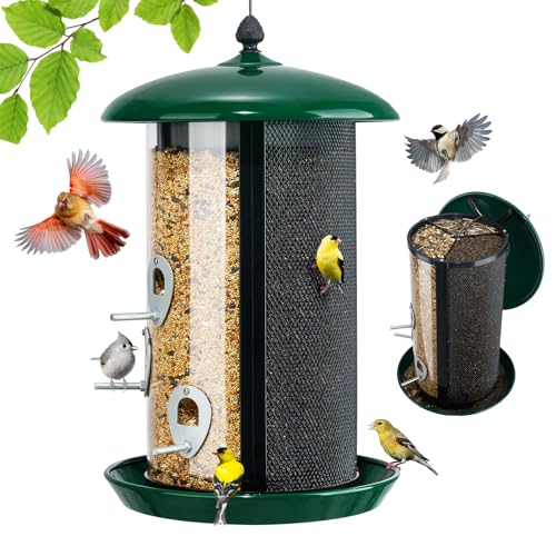 Veehoo Hanging Bird Feeder for Outdoors, 3 in 1 Large Capacity Metal Mesh Tube Bird Feeder for Thistle Nyjer Peanut, Wild Triple Finch Cardinal Feeders 6 lbs Seed Capacity for Outside