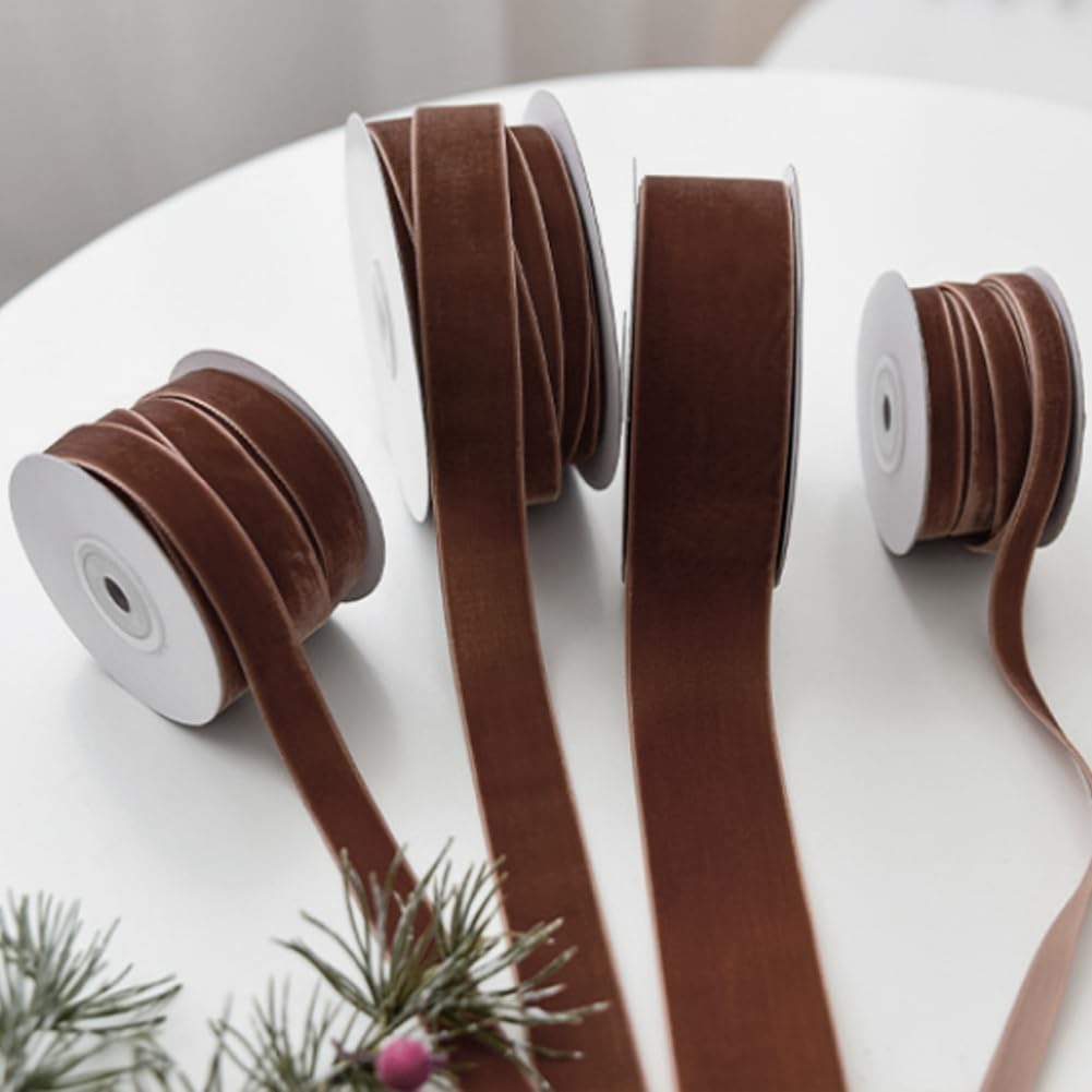 CABODYALS 2 Roll 20M 25mm Dark Brown Velvet Ribbon Copper Soft Vintage Single Sided Spool Silky Soild Fabric Ribbons Bundle Rolls for Sewing Making DIY Crafts Gift Wrapping Bouquets - Image 4