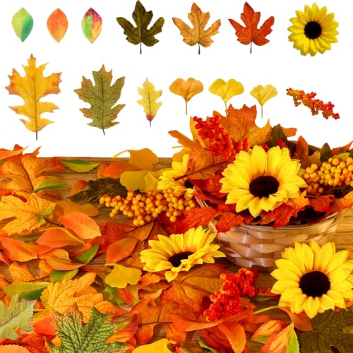 240 Pcs Fall Decorations Set (maple leaves, sunflowers, berries, oak leaves, ginkgo leaves and fall leaves), Fake Fall Leaf Decor for Thanksgiving Harvest Party Table Centerpiece DIY Crafts