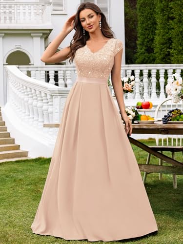 Image of Miusol Women's V-Neck Sequined Floral Lace Formal Evening Maxi Dress