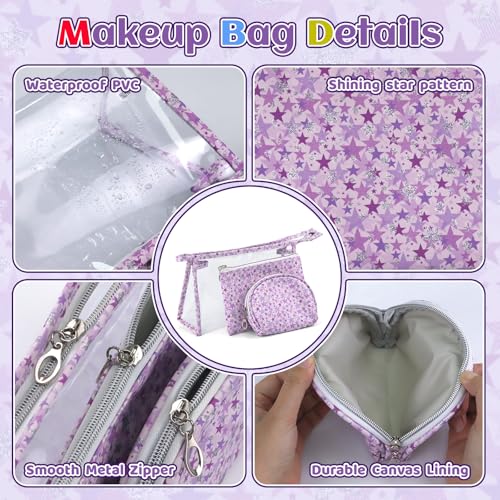 3 Pieces Purple Makeup Bags, Large Capacity Cosmetic Bags With Zipper, Clear Travel Toiletry Bag Waterproof Organizer Purse Pouch Makeup Storage Case for Women (Purple)3