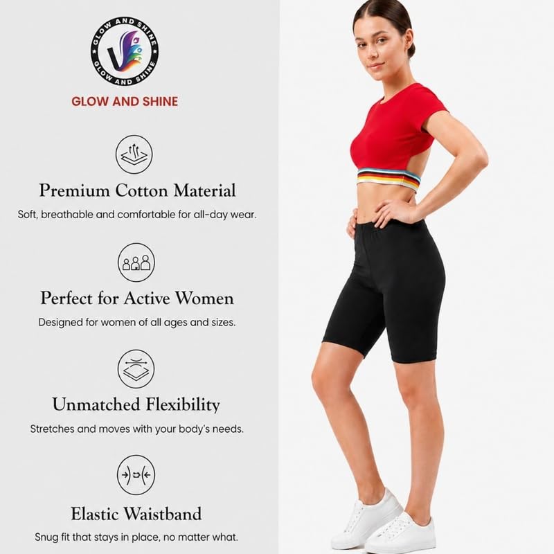 Image of Women's Cotton Lycra Cycling Shorts | 95% Cotton 5% Spandex | Stretchable Knee Length Tights for Gym, Yoga & Sports
