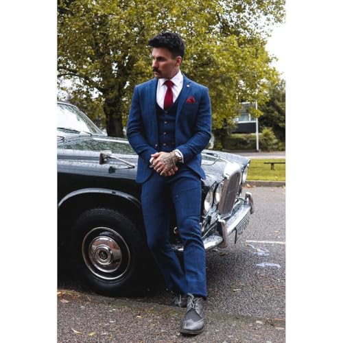 TruClothing Mens Blue 3 Piece Suit Herringbone Tweed Checked Formal Dress Suits2
