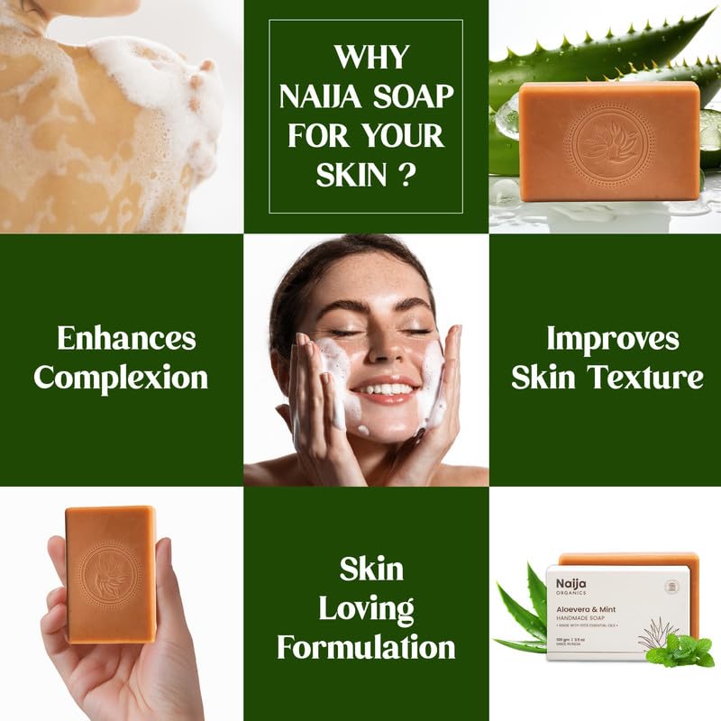 Image of Naija Organics Aloe Vera & Mint Natural Bath Soap | Deep Moisturizing, Hydrating, Chemical-Free, Soothing Body Soap Bar | Handmade Soap | for Men & Women, All Skin Types - 100g