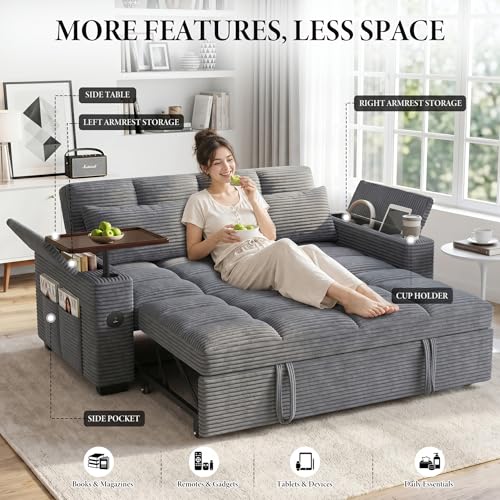 Image of Dreamzie 65'' Convertible Sleeper Sofa Bed with 90 Swivel Side Table, Pull Out Couch for Living Room, Loveseat Sleeper Couch with Hidden Storage Space | Charging Port | Cup Holders, Grey