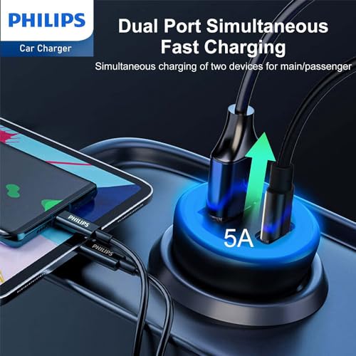 Philips Chargeur Voiture USB AC DLP2521C04 Câble USB C inclus Adaptateur USB C et USB A Sortie Charge rapide - vue 6