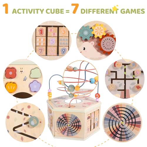 Image of Large Wooden Activity Cube for Toddlers, 9 in 1 Educational Baby Activity Cube, Montessori Toys for 1+ Year Old Boys & Girls, Cute Zoo Theme Baby Cube Toy Sorting & Stacking Game, 1st Birthday Gift