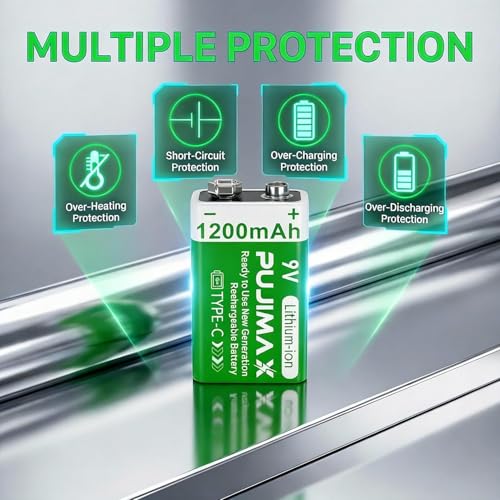 Image of PUJIMAX 9V Rechargeable Battery 1200mAh - High‑Capacity Lithium‑Ion with USB‑C Charger Cable, Long Life (1200+ Cycles), 10‑Year Shelf Life, Reliable 9V Output - 1‑Pack