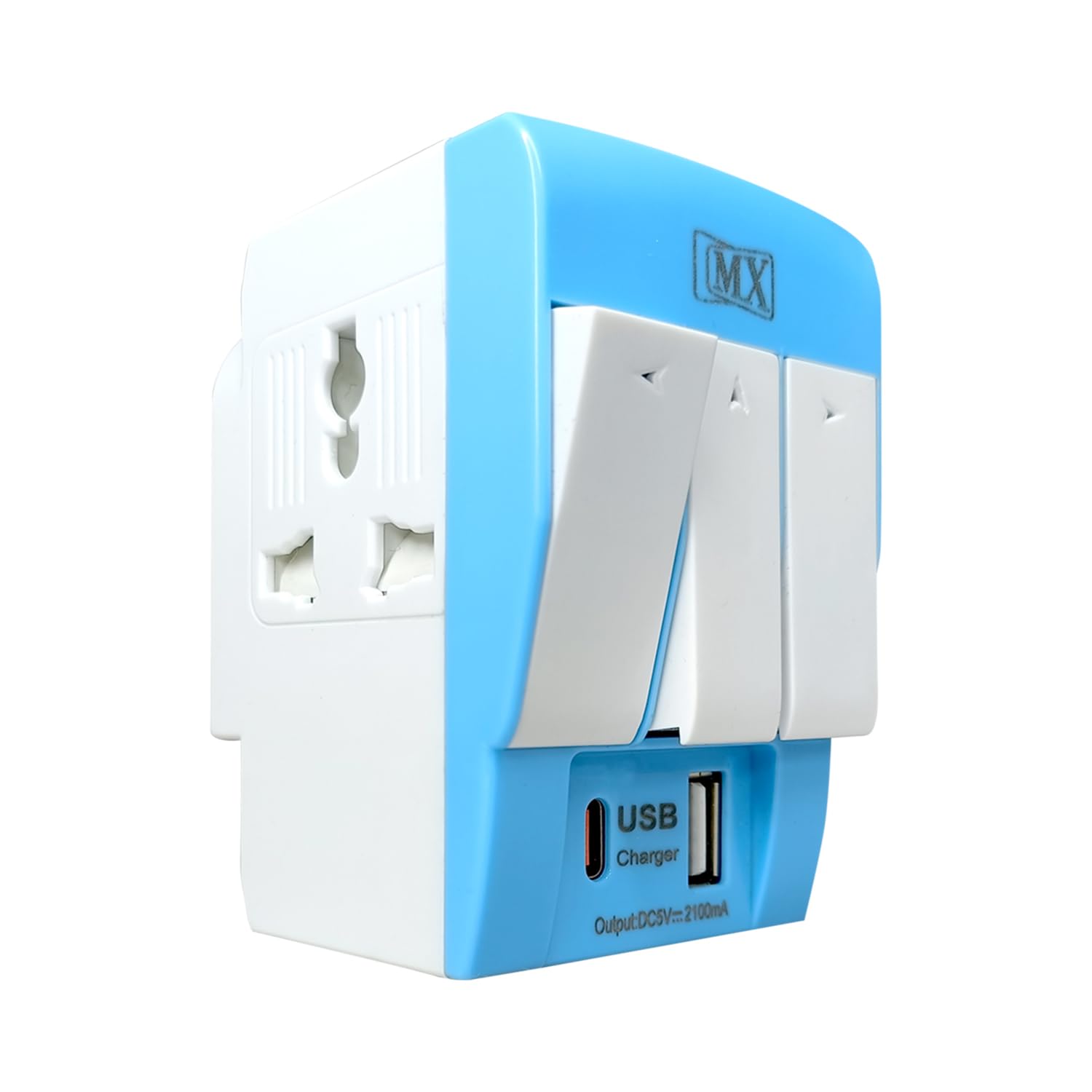 MX Type C PD and USB 3 Pin Multi Plug Socket-Worldwide Universal Travel Adapter with USB Ports & Individual Switch LED -3 Way Plug Socket (5A-250V) Extension Board Type D Plug Multicolour