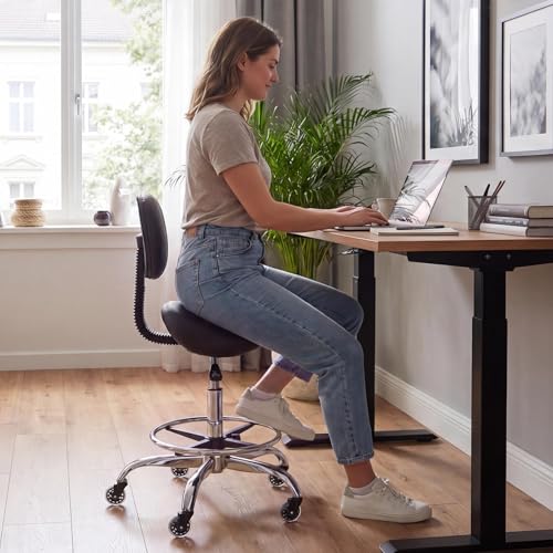 Image of VEVOR Saddle Stool with Back Support Footrest, 500 lbs Weight Capacity, Height Adjustable, Quiet Casters, PU Leather Seat, 360 Swivel Saddle Stool Rolling Chair for Salon, Spa, Bar, Medical, Black