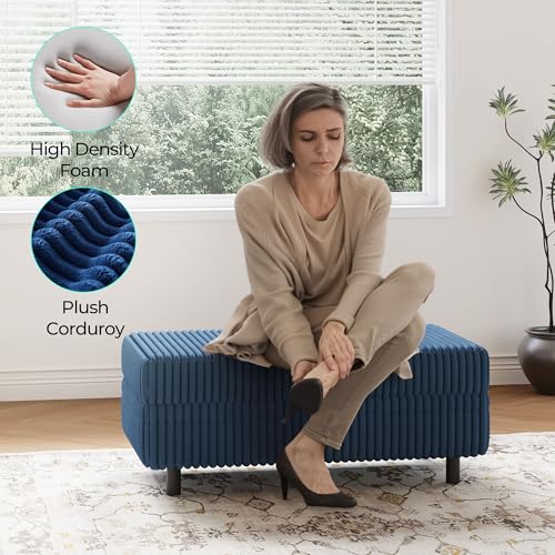 Image of LINSY HOME Sectional Sleeper Sofa Storage Ottoman Bench, Convertible Coffee Table Plush Corduroy Couch Ottoman Footstool for Living Room, Bedroom Entryway and Family Room, Blue