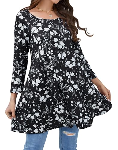 Enmain Tunika Damen Schwarz und weiß Langarm Große Größen Lange Oberteile für Frauen Elegant 3/4 Ärmel Longshirt Gemustertes Tuniken Rundhals...