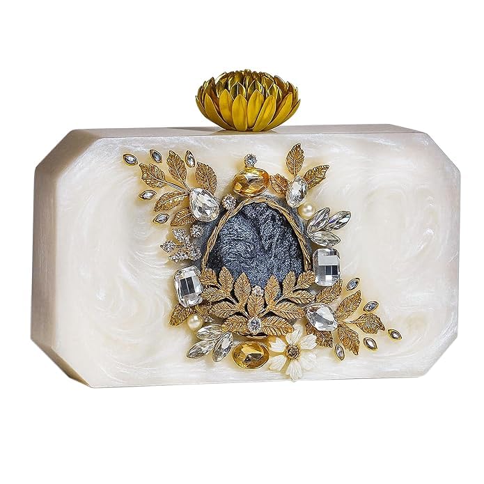 resin clutch For Women Bridal Clutches For Pocut Looks Wedding Celebrity Party Evening Marble Purse Floral Clutch For Women's & Girls, Off White color-picture-38