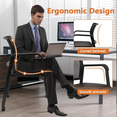 Image of CLATINA Mesh Back Guest Reception Stacking Chair with Wheels, Waiting Room Stackable Chairs with Upholstered Leather Seat & Ergonomic Lumbar Support for Office Conference School Lobby, Black, 8 Pack