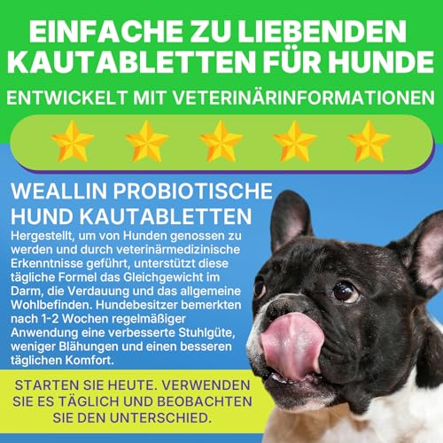 WEALLIN Probiotika für Hunde, Präbiotika für die Darmgesundheit – Unterstützt die Verdauungsgesundheit und die Nährstoffaufnahme – 200 Weiche Kaudrops zur Unterstützung der Hautgesundheit