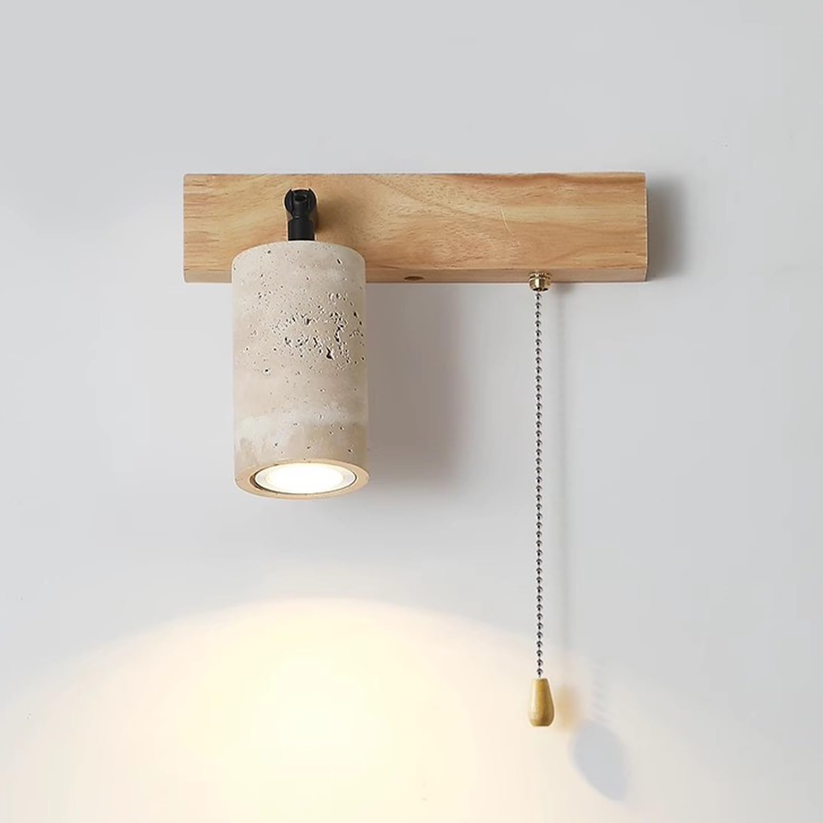 SXWNBIFH Adjustable Travertine Wall Sconce with Pull Switch, Creative Cylindrical Stone Shade & Natural Wood Rectangular Base Wall Lamp, E27 Wall Mounted Lamp for Bedroom Hallway(Wood)