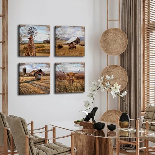 Highland Cow Wall Art for Living Room Farmhouse Kitchen Decor Western Decor Rustic Windmill Barn Canvas Prints Pictures Retro Country Farm Landscape Paintings Artwork for Bedroom Bathroom 16x16 4Pcs - Image 2