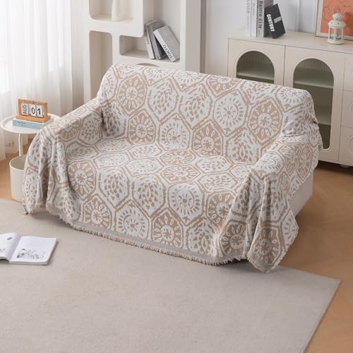 Image of HOKIPO Printed 320 GSM Chenille Sofa Cover Throw Blanket for 2 Seater Sofa - All Season, 'Serene Abode Series' Boho Floral Tile (180x250 cm) (AR-6632-D5)
