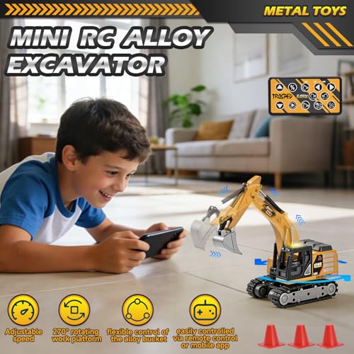 LTFIOON Mini Ferngesteuerter Bagger, 1:64 Maßstab Raupenbagger aus Metall mit APP-Steuerung & 2,4GHz Fernbedienung, RC Bagger Spielzeug mit Licht & Sound, 2 Geschwindigkeiten, USB Wiederaufladbar