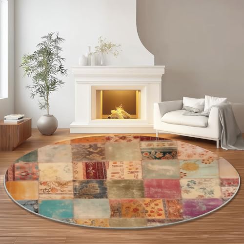 Tapis rond rétro géométrique flanelle multicolore doux lavable 100cm