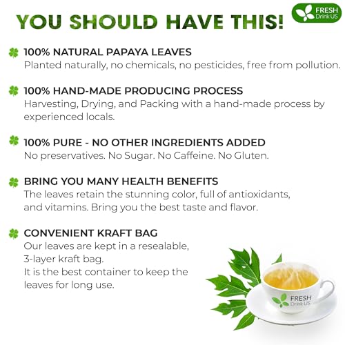 Image of FreshDrinkUS, Premium 4oz Papaya Leaves For Tea, 100% Natural & Pure from Papaya Leaves. Loose Leaf Herbal Tea. Made with Natural Material Tea Bags. No Sugar, No Caffeine, No Gluten, Vegan.