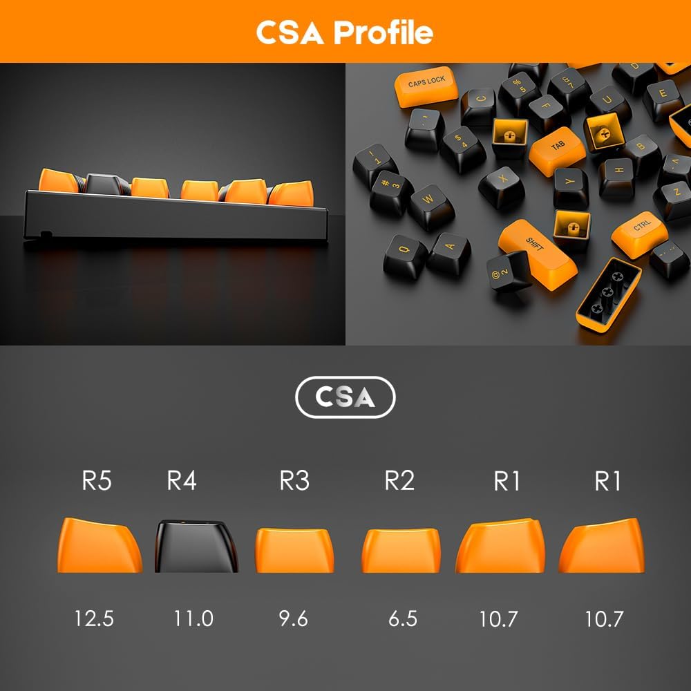 CSA Profile Keycaps Double Shot PBT, Thocky Sound Orange Black 150 Keys Set for MX Switches Aula F99/F75 Mechanical Keyboard, with 6.25U/7U Spacebar